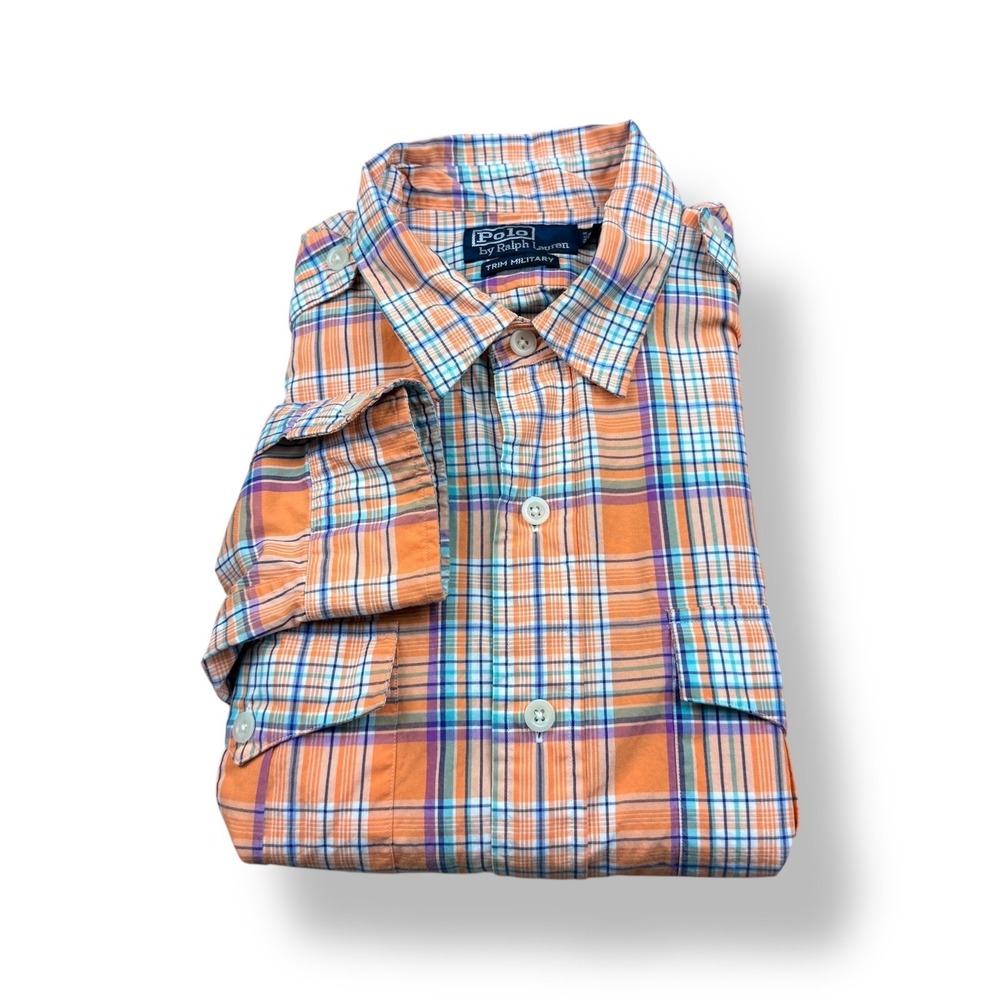 Polo‎ Ralph Lauren Men's Plaid Trim Military Button Down Shirt Orange Blue L